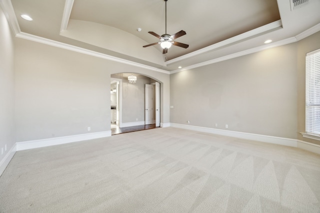2161 Meadow View Dr, Prosper, TX 75078 - unfurnished room with ceiling fan, arched walkways, light colored carpet, ornamental molding, and vaulted ceiling