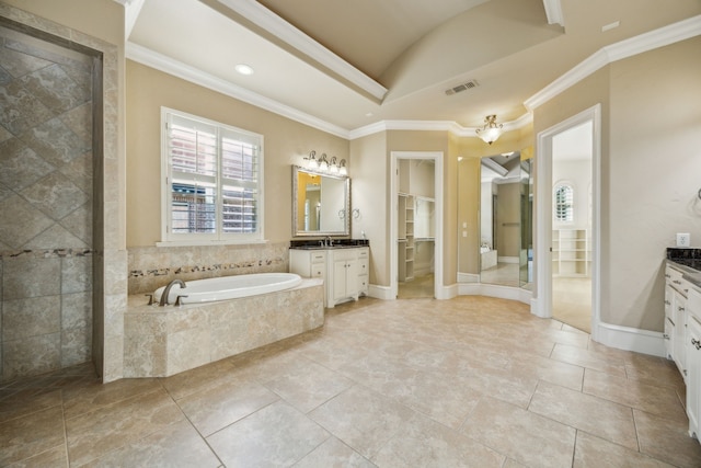 full bath featuring vanity and ornamental molding