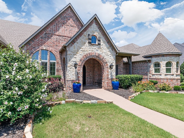 2161 Meadow View Dr, Prosper, TX 75078 - view of front of home with brick siding, a shingled roof, a front lawn, and stone siding