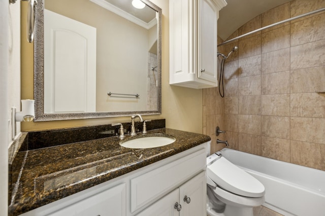 bathroom featuring vanity, crown molding, toilet, and shower / tub combination