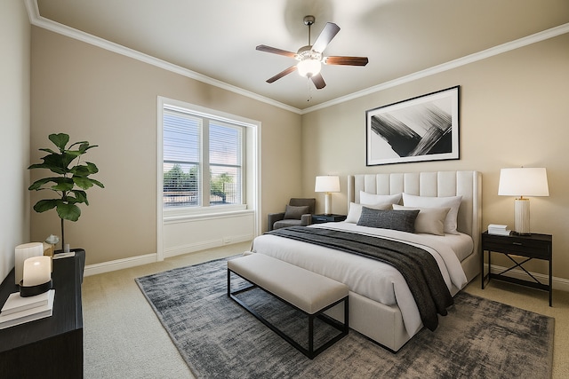 2161 Meadow View Dr, Prosper, TX 75078 - bedroom with carpet, ornamental molding, and a ceiling fan
