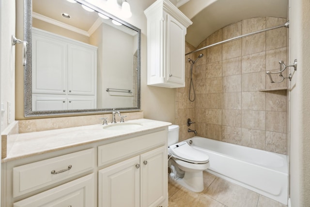 full bath featuring tile patterned flooring, crown molding, toilet, shower / bathing tub combination, and vanity