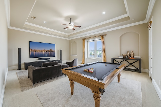 2161 Meadow View Dr, Prosper, TX 75078 - recreation room featuring a raised ceiling, ceiling fan, billiards, light carpet, and ornamental molding