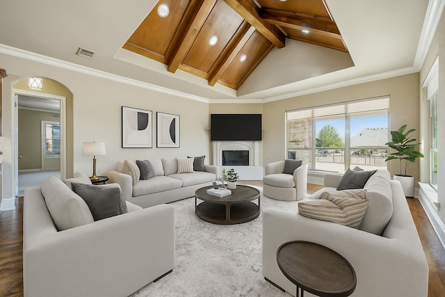 2161 Meadow View Dr, Prosper, TX 75078 - living room with wood finished floors, arched walkways, recessed lighting, and crown molding