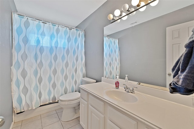 full bath featuring tile patterned flooring, toilet, a shower with shower curtain, visible vents, and vanity