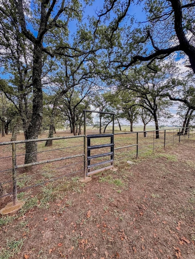 view of yard featuring a gate, fence, and a rural view