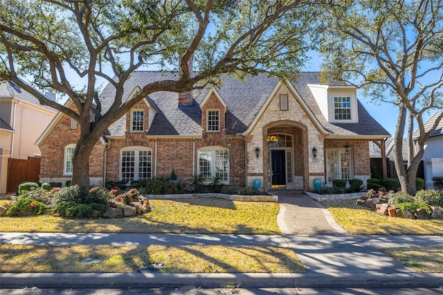 view of front of home featuring roof with shingles and brick siding