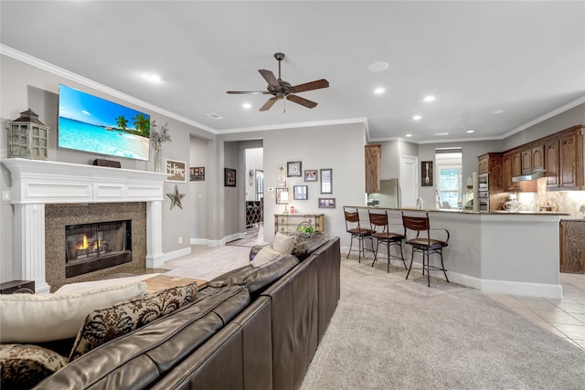 living area with a fireplace and ornamental molding