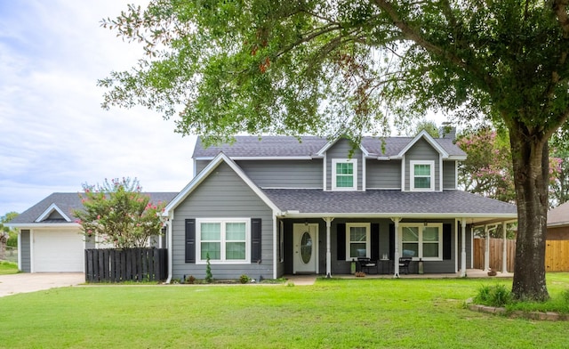 traditional-style house with a shingled roof, a front yard, covered porch, and fence