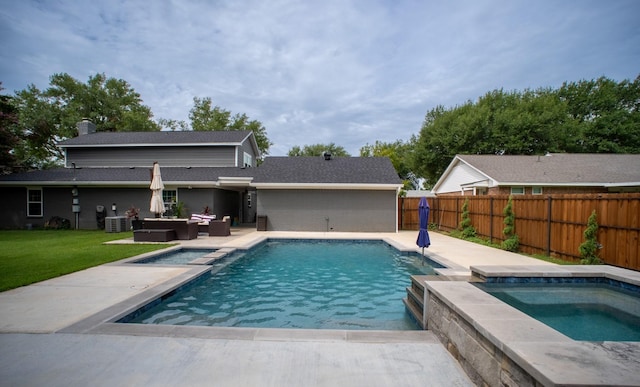 view of swimming pool featuring a fenced in pool, a patio area, an in ground hot tub, a fenced backyard, and an outdoor living space