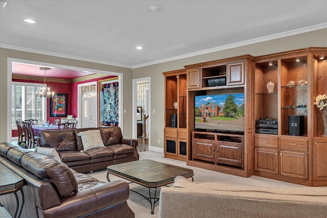 living area with baseboards, ornamental molding, a chandelier, and recessed lighting
