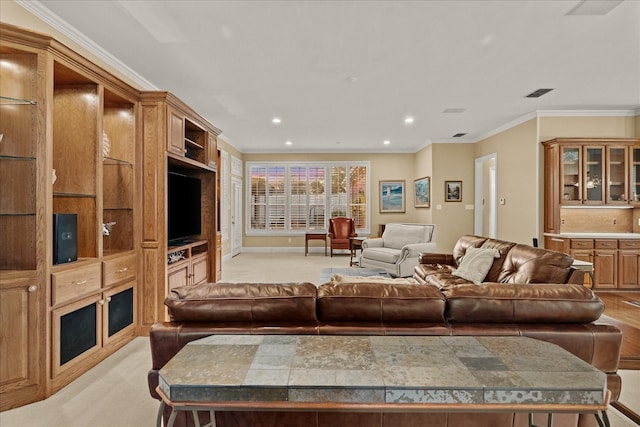 living room featuring light carpet, crown molding, and recessed lighting