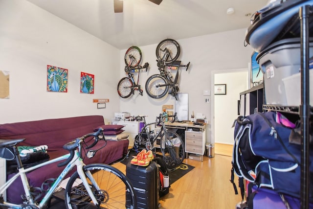 garage with a ceiling fan