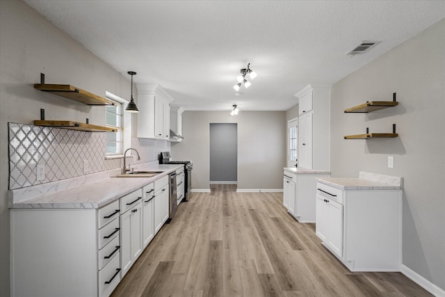 kitchen featuring a sink, white cabinets, stainless steel gas range, open shelves, and tasteful backsplash