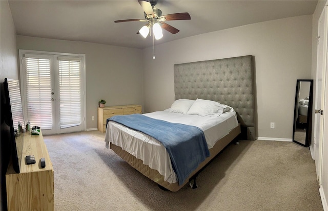 bedroom with access to exterior, ceiling fan, carpet floors, and baseboards