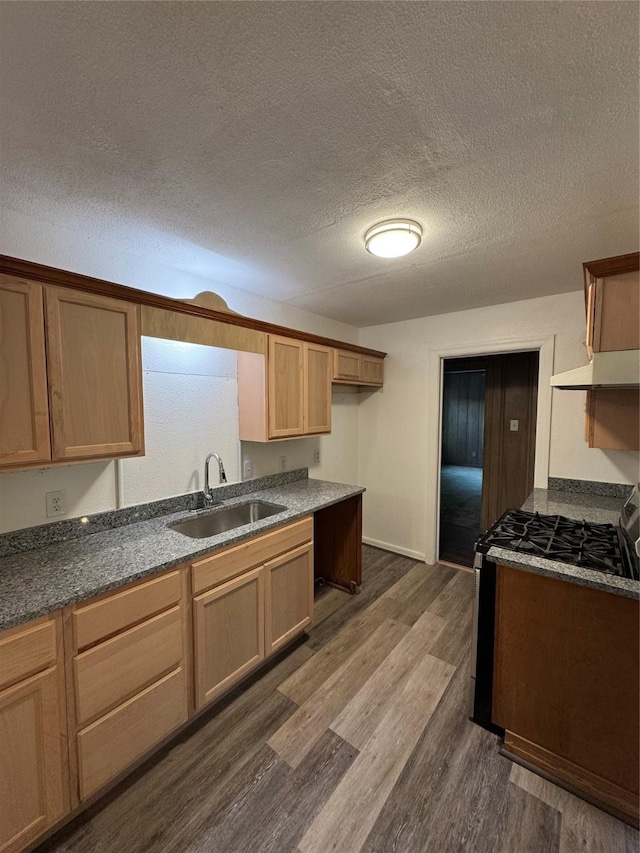 3813 Rusty Dell, Fort Worth, TX 76111 - kitchen featuring a sink, under cabinet range hood, stainless steel range with gas cooktop, dark wood-style flooring, and a textured ceiling