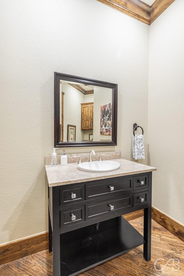 bathroom with baseboards, wood finished floors, and vanity