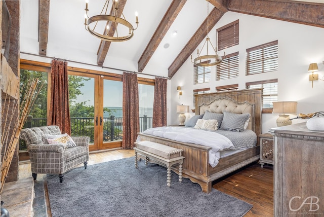 bedroom featuring high vaulted ceiling, wood finished floors, access to exterior, beamed ceiling, and an inviting chandelier