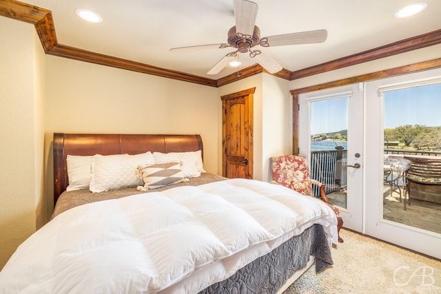 bedroom featuring a ceiling fan, ornamental molding, access to outside, french doors, and recessed lighting