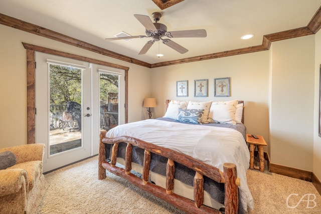 bedroom with ornamental molding, access to outside, french doors, and light colored carpet