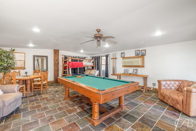 recreation room with stone tile floors, recessed lighting, pool table, ceiling fan, and baseboards