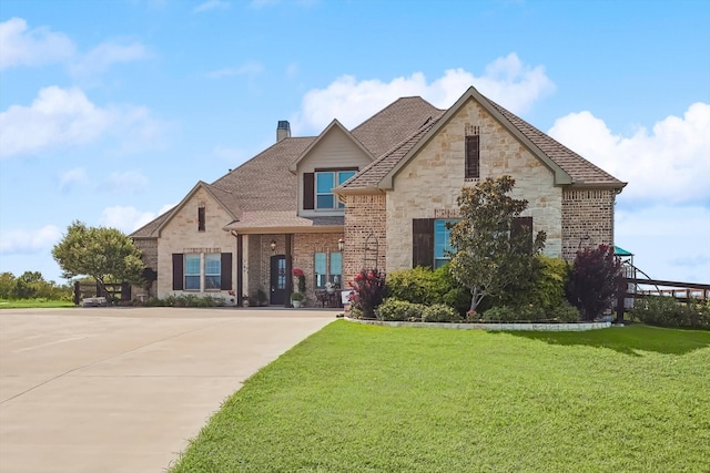 french provincial home with brick siding, stone siding, driveway, a chimney, and a front yard