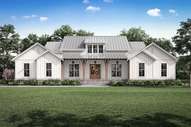 modern farmhouse featuring metal roof, a front lawn, and board and batten siding