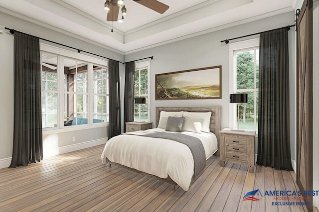 bedroom with light wood finished floors, a barn door, multiple windows, and a tray ceiling