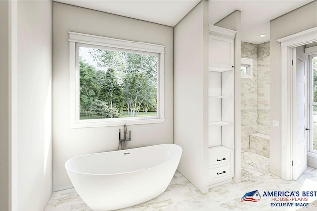 full bath with marble finish floor, tiled shower, a freestanding tub, and recessed lighting