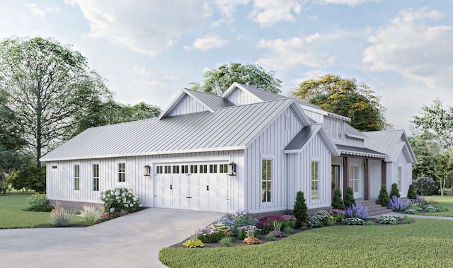 modern farmhouse style home featuring an attached garage, driveway, board and batten siding, a standing seam roof, and a front yard