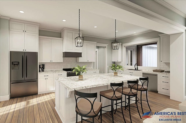 kitchen featuring under cabinet range hood, black electric range, fridge with ice dispenser, a center island, and dishwasher