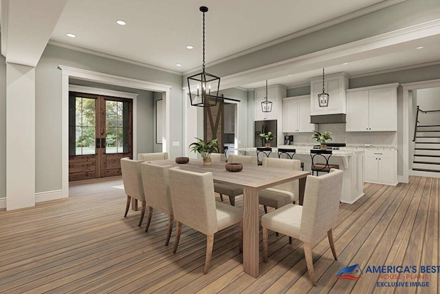 dining area with baseboards, stairs, french doors, light wood finished floors, and crown molding