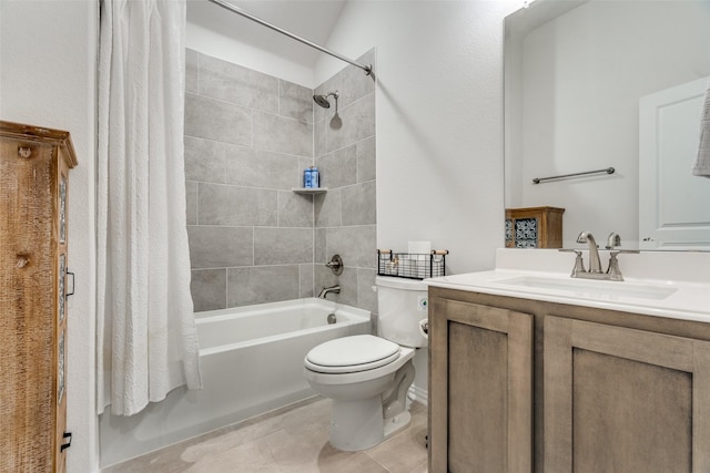 full bath with vanity, toilet, tile patterned flooring, and shower / bath combination with curtain