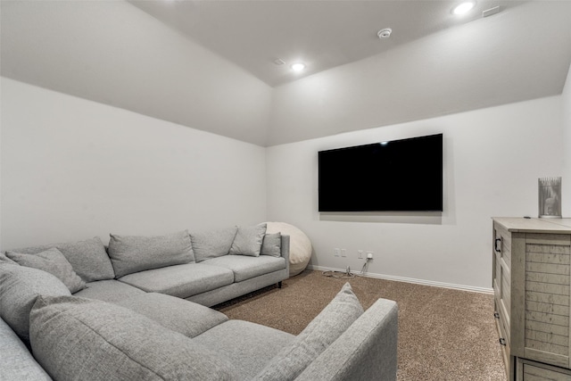 living area with recessed lighting, baseboards, carpet, and vaulted ceiling