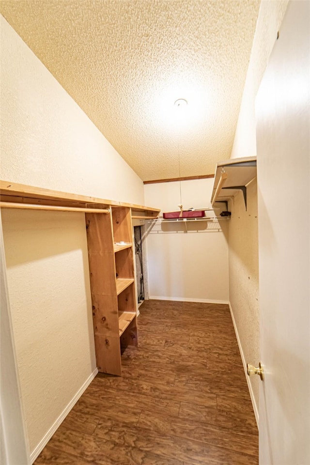 walk in closet featuring lofted ceiling and wood finished floors