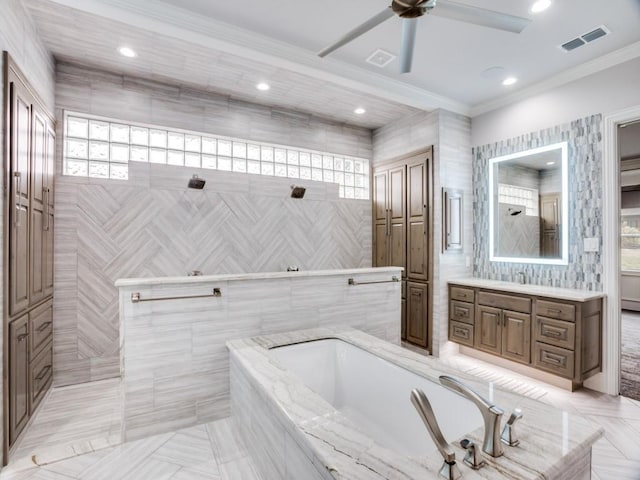 full bathroom with ornamental molding, visible vents, a garden tub, and walk in shower