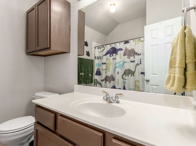 bathroom featuring toilet, a shower with curtain, and vanity