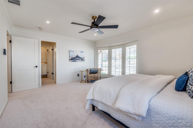 bedroom with recessed lighting, light colored carpet, a ceiling fan, visible vents, and ornamental molding