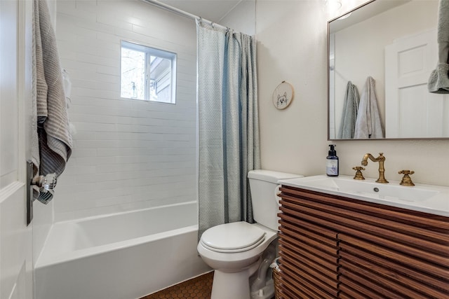 full bathroom featuring shower / tub combo, vanity, and toilet