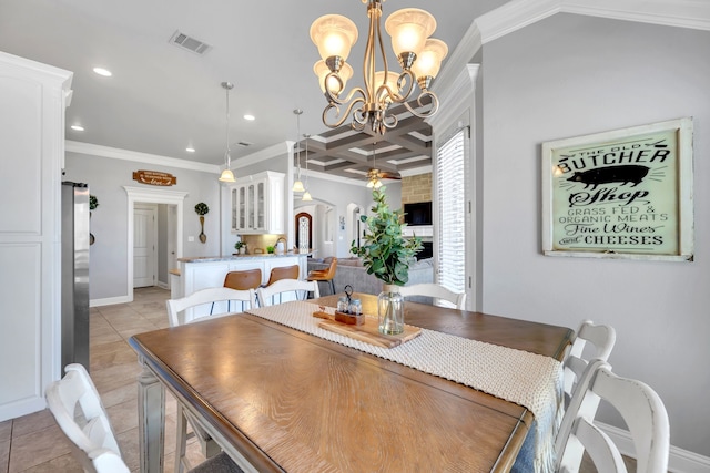 dining room with visible vents, coffered ceiling, ornamental molding, light tile patterned flooring, and recessed lighting