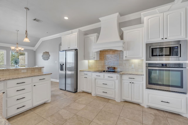 kitchen with visible vents, custom range hood, appliances with stainless steel finishes, backsplash, and crown molding