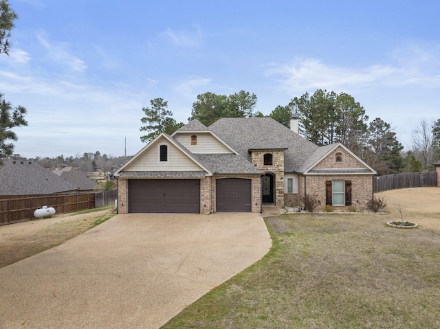 view of front of house with concrete driveway, brick siding, roof with shingles, and fence