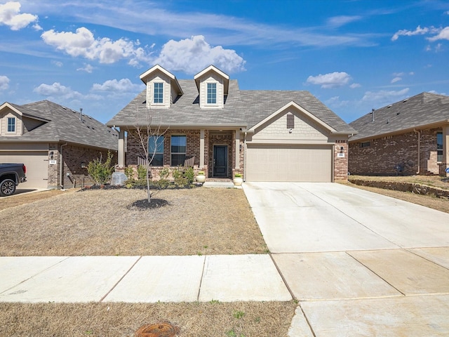 view of front of house with covered porch, brick siding, driveway, and a garage