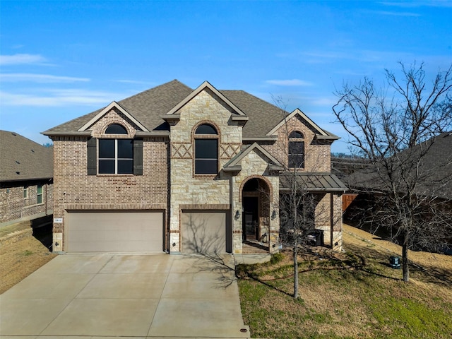 view of front of home with concrete driveway, brick siding, an attached garage, and roof with shingles