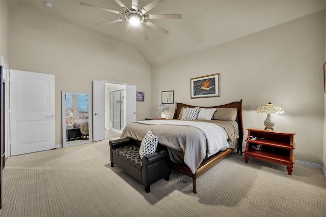 2822 Palmerston Dr, Midlothian, TX 76065 - bedroom with light colored carpet, high vaulted ceiling, and a ceiling fan