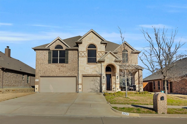 french country home featuring an attached garage, brick siding, a shingled roof, concrete driveway, and stone siding