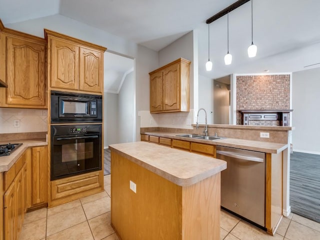 kitchen with black appliances, light tile patterned floors, light countertops, and a sink