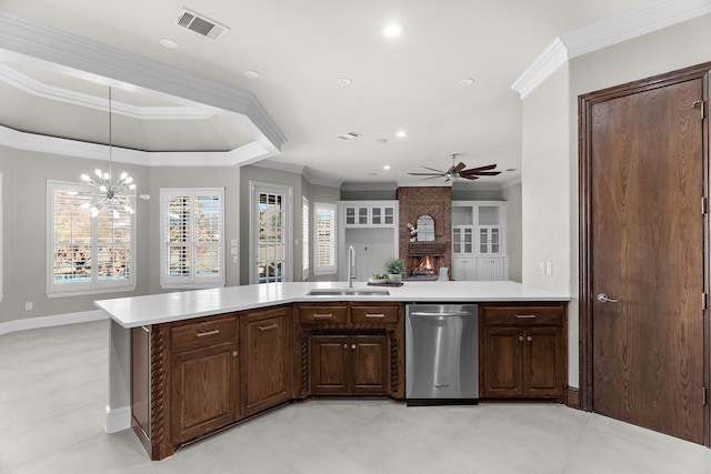100 Bailee Ct, Forney, TX 75126 - kitchen with a sink, ornamental molding, ceiling fan, dishwasher, and light countertops