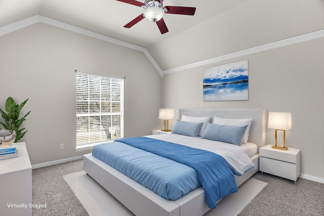 100 Bailee Ct, Forney, TX 75126 - bedroom with lofted ceiling, light colored carpet, baseboards, crown molding, and ceiling fan