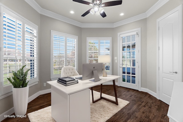 100 Bailee Ct, Forney, TX 75126 - home office with a ceiling fan, dark wood-style flooring, crown molding, baseboards, and recessed lighting